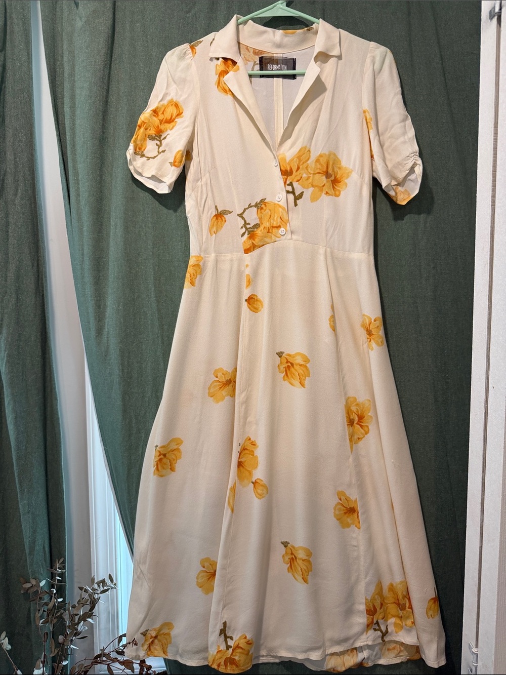 Reformation Cream Midi Dress with Yellow Floral Print